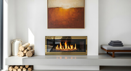 Modern living room with a cozy gas fireplace and abstract art above