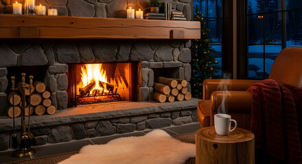 Cozy winter evening with a roaring fireplace and comfortable armchair by the window