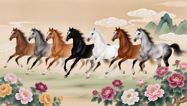 Gongbi style painting in the high court style, portraying eight vibrant horses galloping past blooming peonies, symbol of wealth and honor.