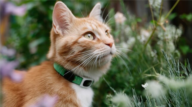 Orange tabby cat exploring a garden filled with colorful flowers and greenery - Powered by Adobe