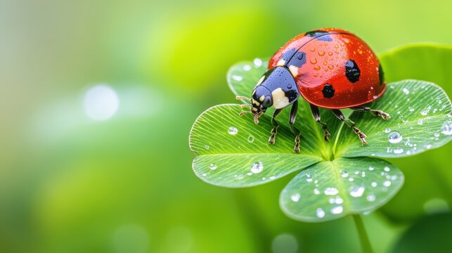 Ladybug on Lucky Clover: A vibrant red ladybug with black spots perches delicately on a four-leaf clover, glistening with dewdrops, a symbol of good fortune and natural beauty.