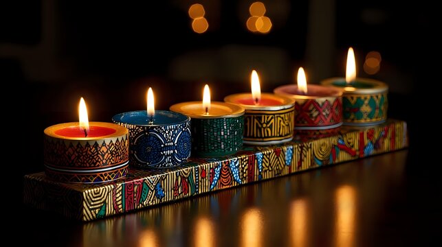 Festive Diwali candles burning brightly arranged in a colorful row perfect for holiday celebrations and spiritual themes