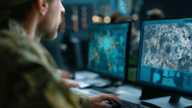 Soldier operating high-tech monitor with defocused drone imagery, faceless military technology, surveillance visualization detail, blurred screen background, capabilities concept,