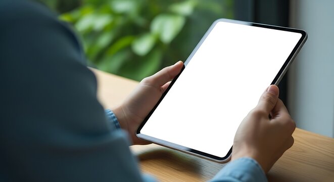 Person holding a tablet computer with a blank white screen