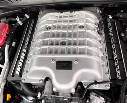 Yerevan, Armenia, November 12, 2025: Dodge Challenger SRT Supercharged engine. Dodge Challenger SRT Hellcat engine close up.