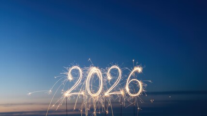 Obraz premium New Year 2026 Sparkler Light Painting - Golden '2026' on Deep Blue Twilight Sky, Copy Space Banner