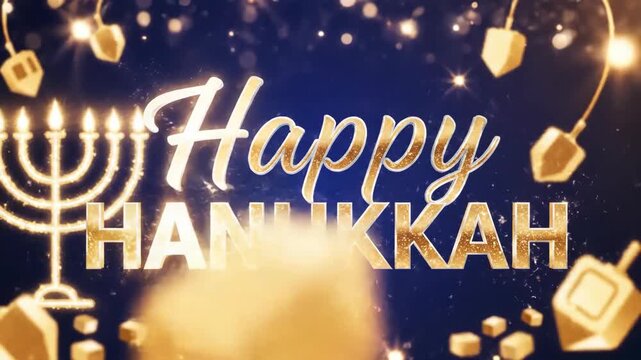 Happy Hanukkah golden glitter lettering with sparkling dreidels and menorah on dark blue bokeh background for holiday greeting card. - Powered by Adobe