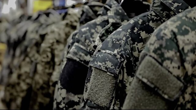 Professional tactical uniform design featuring camouflage fabric with high-performance durability, modular fit, and operational versatility for military applications