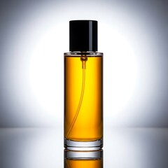 Elegant perfume bottle with golden liquid and black cap