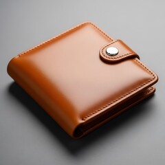 Classic brown leather bi fold wallet with snap closure on a gray background