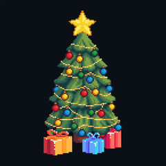 Pixel art Christmas tree with gifts and lights on dark background