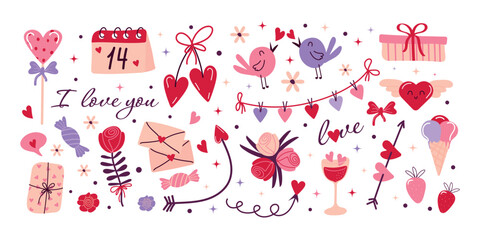 A set of hand-drawn stickers for Valentine's Day. A trendy vintage illustration. A vector design in a doodle style.