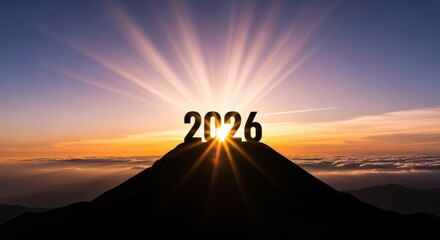 New Year 2026 Sunrise on Mountain Peak - Celebrating the year 2026 with the sunrise over a mountain. Symbolizing hope, achievement, aspiration, beginning, and future