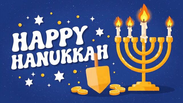 Happy Hanukkah greeting card with a spinning dreidel and gelt coins, a festive menorah illumination background for celebration.