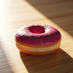 Delicious pink frosted donut with a hole in the middle on a wooden surface