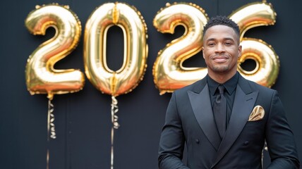 Young Businessman in Black Tuxedo with Gold '2026' Balloons — New Year’s Eve Black‑Tie Gala Studio Portrait with Copy Space for Invitations & Ads