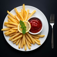 Crispy golden french fries served with ketchup and lemon slice