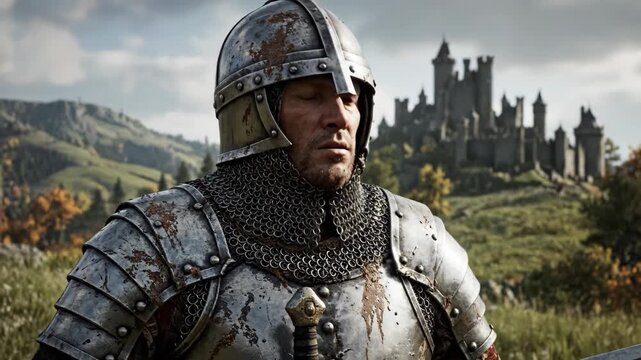 Knight in rusty armor looking at a distant castle. Medieval soldier posing with sword on a battlefield. Historical war drama concept.