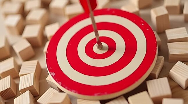Perfect bullseye shot on a red and white target surrounded by scattered wooden blocks symbolizing successful goal achievement strategy accuracy focus and business planning.