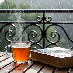 Cozy cup of tea and book on a rainy day balcony