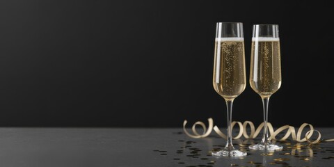 Minimalist champagne flutes with gold confetti on black — New Year's Eve banner with copy space