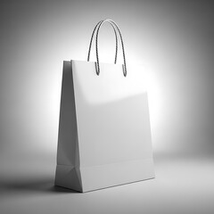 Blank white paper shopping bag with twisted handles on a light background