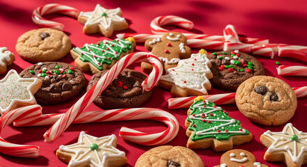 Assortment of Festive Christmas Cookies and Candy Canes on Red
