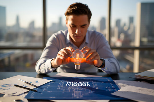 Professional businessman holding illuminated lightbulb over project blueprint in modern office, visualizing innovative solutions and new ideas for business success