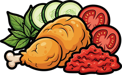 Indonesian Ayam Goreng Fried Chicken with Sambal Vector Illustration