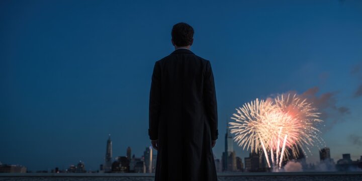 Cinematic Night Skyline — Back-View Businessman Watching Fireworks - Powered by Adobe