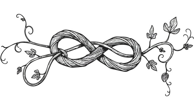 Elegantly hand-drawn organic infinity knot intertwined with delicate botanical tendrils and lush leaves illustrating eternal natural beauty and growth