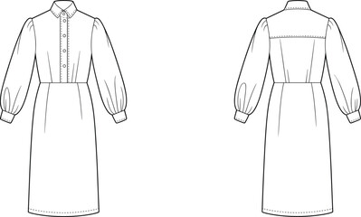 Long sleeve midi dress technical flat sketch, front and back view, fashion CAD design template, vector clothing illustration, detailed apparel drawing