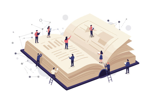 Collaborative knowledge exploration with tiny figures examining an expansive open book symbolizing collective learning and intricate data networks