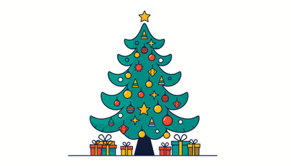 Minimalist Flat Illustration of Decorated Christmas Tree with Gifts for Holiday Season