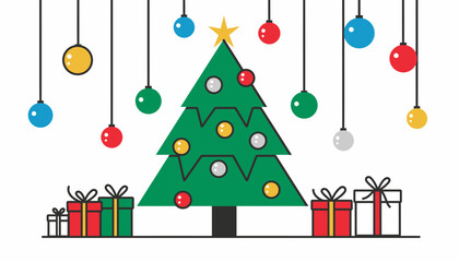 Minimalist Flat Design Christmas Tree with Hanging Ornaments and Gifts Illustration