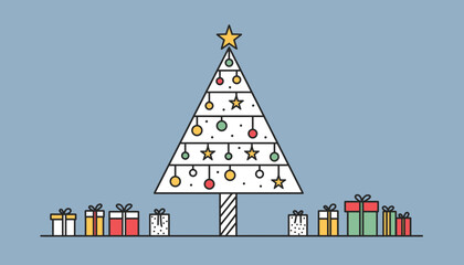 Minimalist Line Art Christmas Tree with Gifts on Light Blue Background