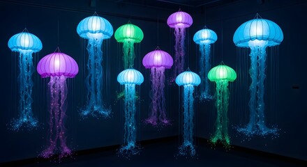 Neon Jellyfish Lamps Hanging in Darkness