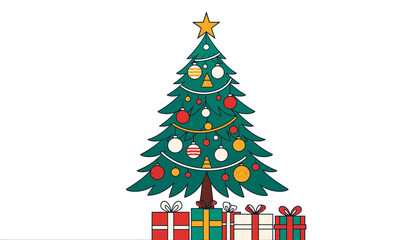 Festive Christmas Tree with Wrapped Gifts Illustration on White Background