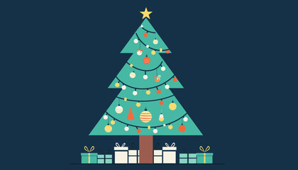 Minimalist Flat Design Christmas Tree with Gifts Illustration on Dark Background