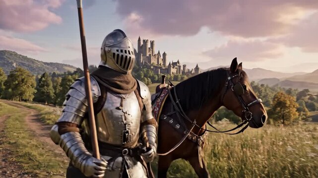 A medieval knight in full armor and his horse on a winding path, with a grand castle in the distance, portraying an epic journey.
