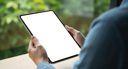 Person holding a blank screen smartphone outdoors with blurred green foliage background