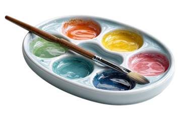 Palette of Creativity: A ceramic palette filled with vibrant, artist-grade paints and a paintbrush, embodying artistic expression and the tools of creation.