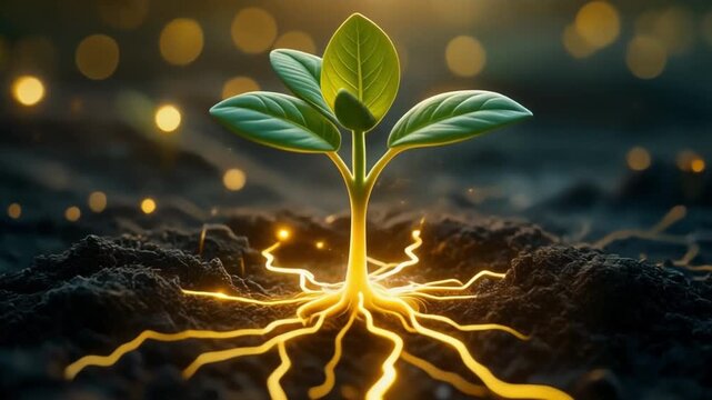 A vibrant green plant with glowing golden roots embedded in dark soil, surrounded by bokeh lights.