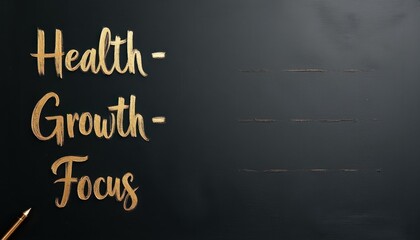 Gold Brush Lettering 'Health Growth Focus' on Black Chalkboard — Minimal Flat Lay for New Year Resolutions