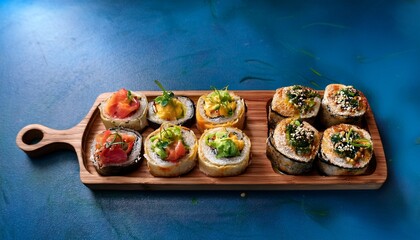 a beautifully arranged wooden tray featuring grilled rolls garnished and surrounded by colorful sides representing the artistry of culinary presentation and the joy of sharing food experiences