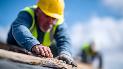A man in a yellow hard hat is working on a roof