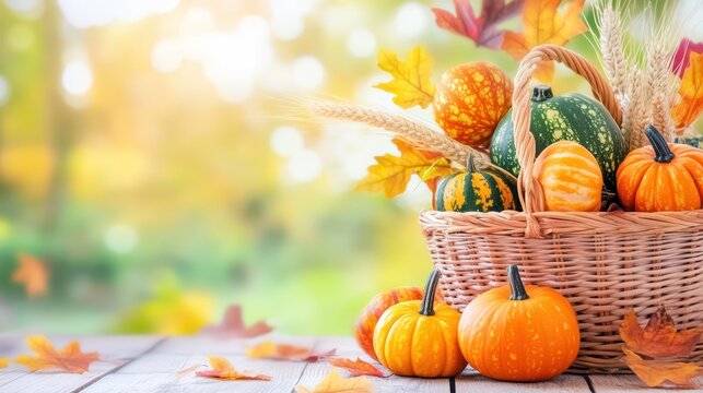 Autumn Bounty Basket: A charming basket overflows with vibrant pumpkins and seasonal produce, creating a colorful and inviting scene that evokes the essence of the harvest season.