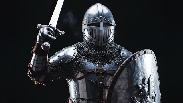 Knight stands in full medieval armor holding a sword and shield, demonstrating warriors stance and ancient combat readiness on black.