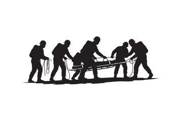Silhouette of rescuers carrying a stretcher with ropes