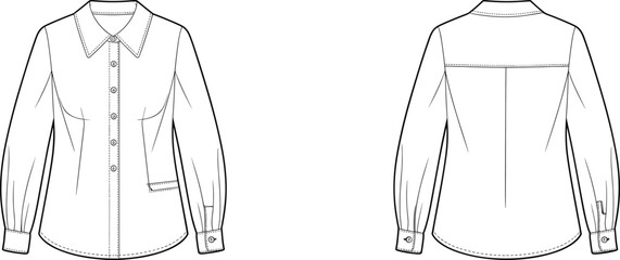 Long sleeve blouse technical sketch, front and back view, button closure, pointed collar, princess seams, welt pocket, fashion illustration, garment construction drawing